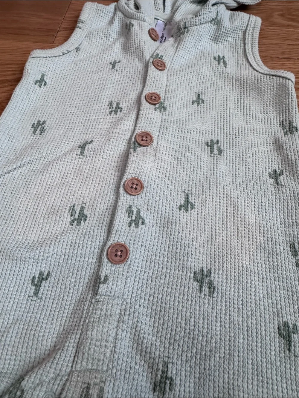 Sleeveless Hooded Waffle Knit Romper in Sage with Cactus Print